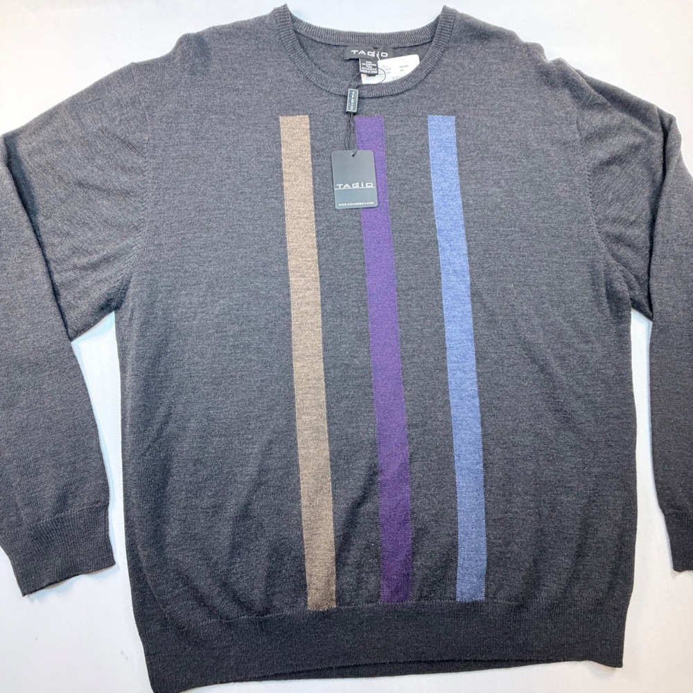 TAGIO Merino Wool Blend Sweater Mens XXL Gray Striped Crew Neck NWT Colorblock